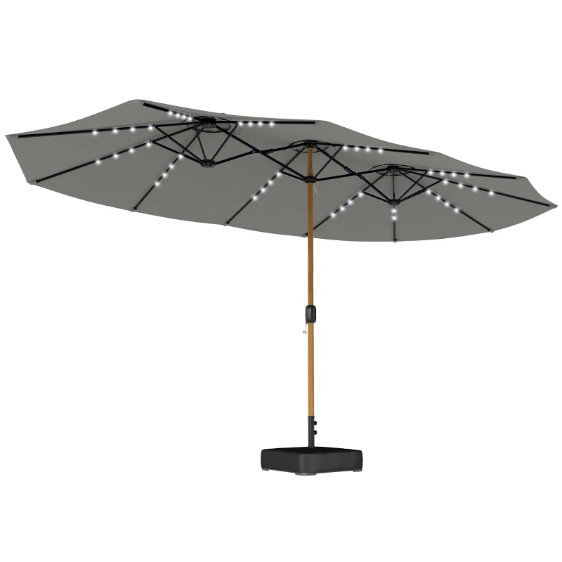 Outsunny Double Sided Garden Parasol with Base Included & 48 Solar LED Lights Patio Umbrella Crank Handle 4.6m Light Grey