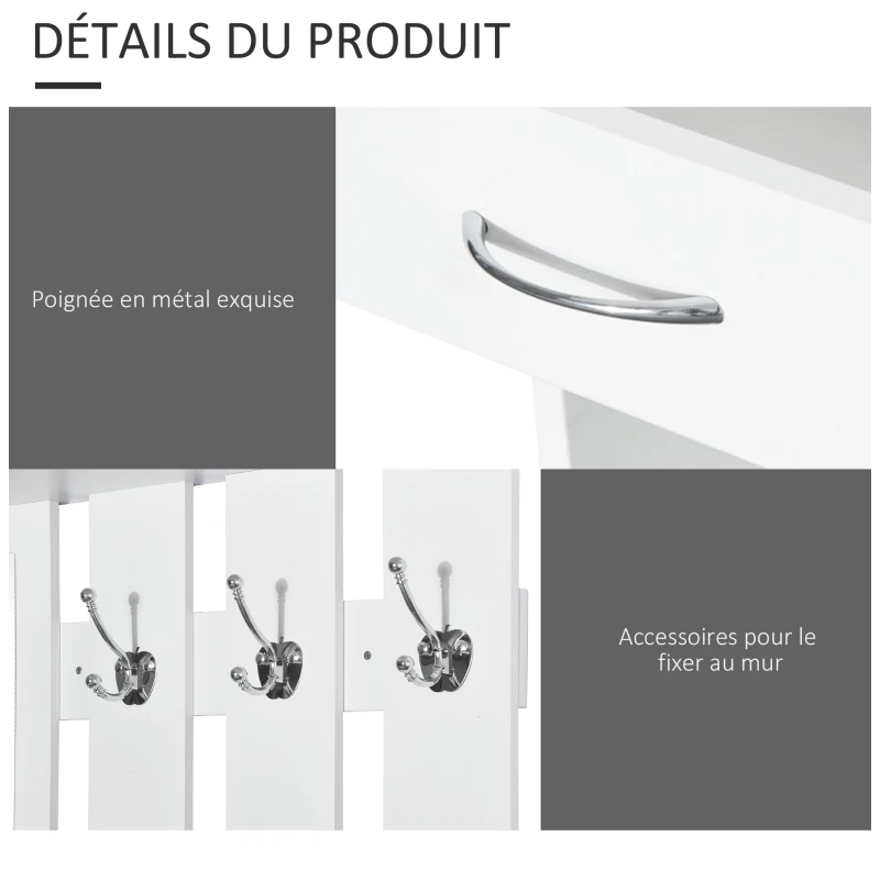 HOMCOM Ensembles 3 en 1 de meuble d'entrée vestiaire avec panneau porte-manteau, miroir et banc à chaussures - 6 crochets et étagère réglable, blanc