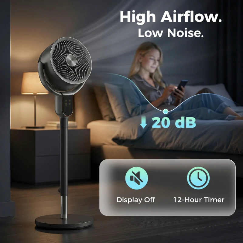 HOMCOM 20 dB Silent Standing Fan for Bedroom, 42" Pedestal Fan with Remote, 90° Oscillating, 8 Speeds, Remote Control, Grey