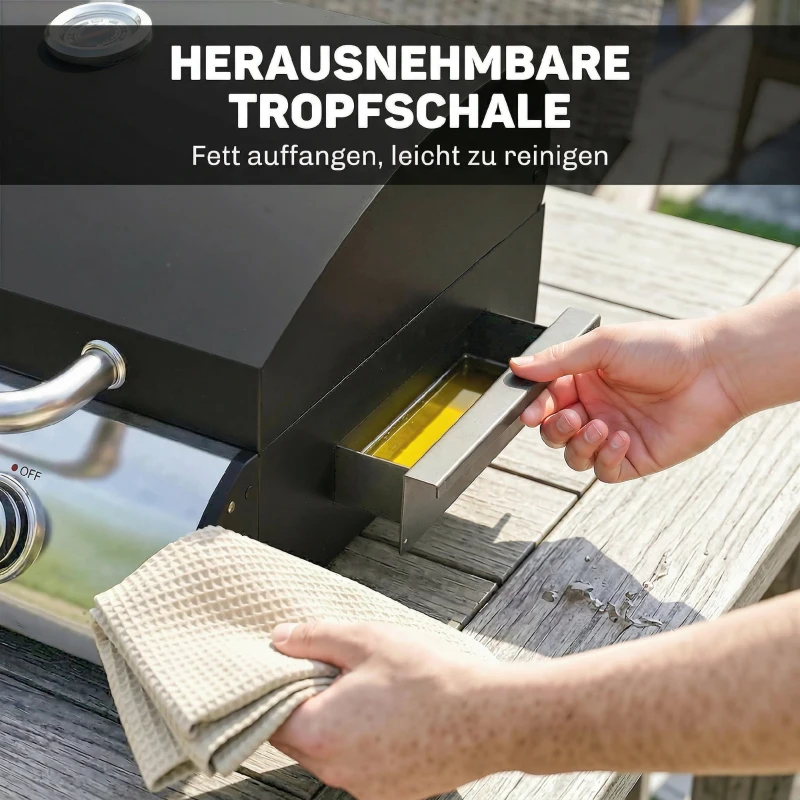 Outsunny Gasgrill 7,5 KW Tragbarer Tischgrill mit 3 Brenner Seitentisch Bratenplatte Emaille-Grillroste Fettauffangschale