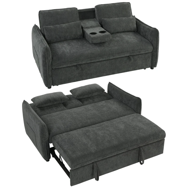 HOMCOM Sofá Cama 2 Plazas 3 en 1 con Mesa Auxiliar Portavasos Respaldo Ajustable Bolsillos Laterales 2 Almohadas Gris Oscuro
