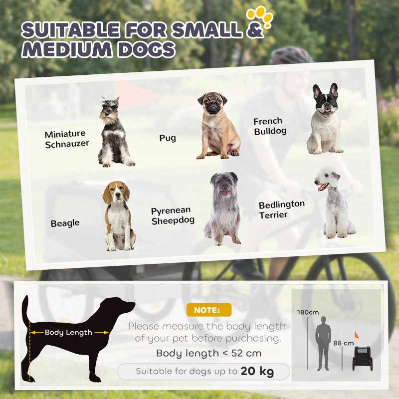 PawHut Dog Bike Trailer, Dog Cart Bicycle Carrier for Small and Medium Pets with 20" Inflatable Rubber Wheels, Grey