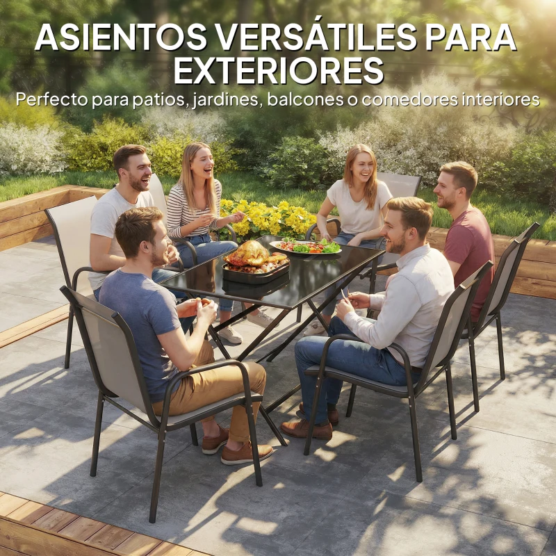 Outsunny Juego de 6 Sillas de Jardín Exterior Apilables con Reposabrazos Asiento y Respaldo de Malla Estructura de Metal Gris