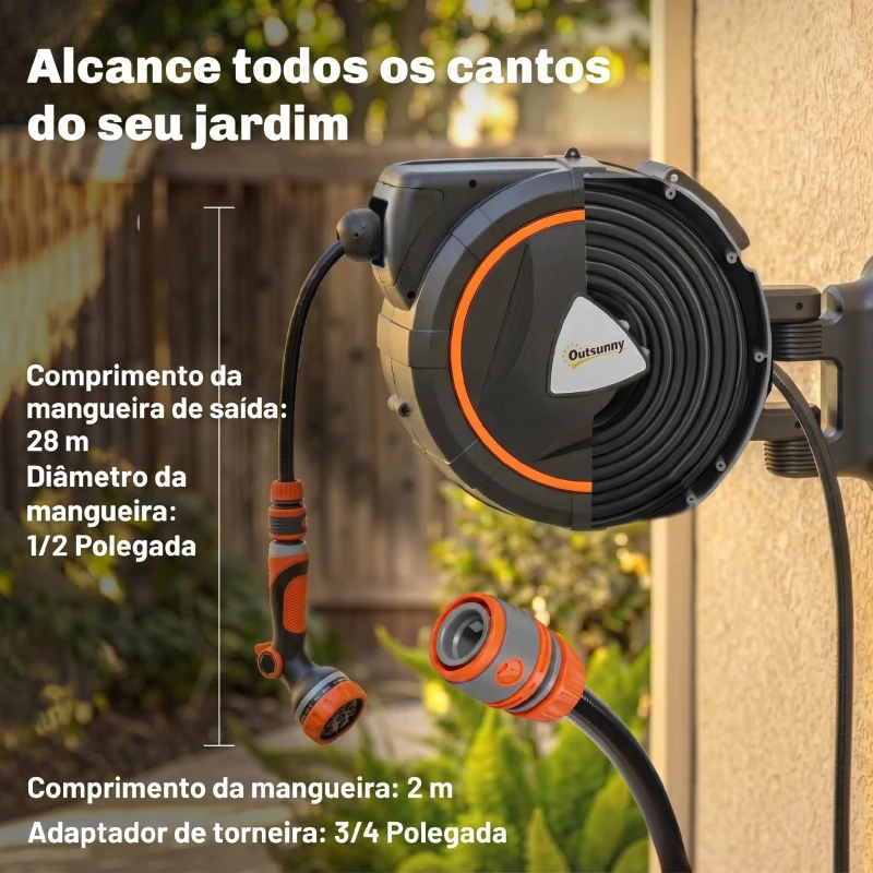 Outsunny Carretel de Mangueira para Jardim 28+2 m com 12 Modos de Pulverização Bloqueio Automático e Retracção Controlada Suporte Orientável 180° Laranja