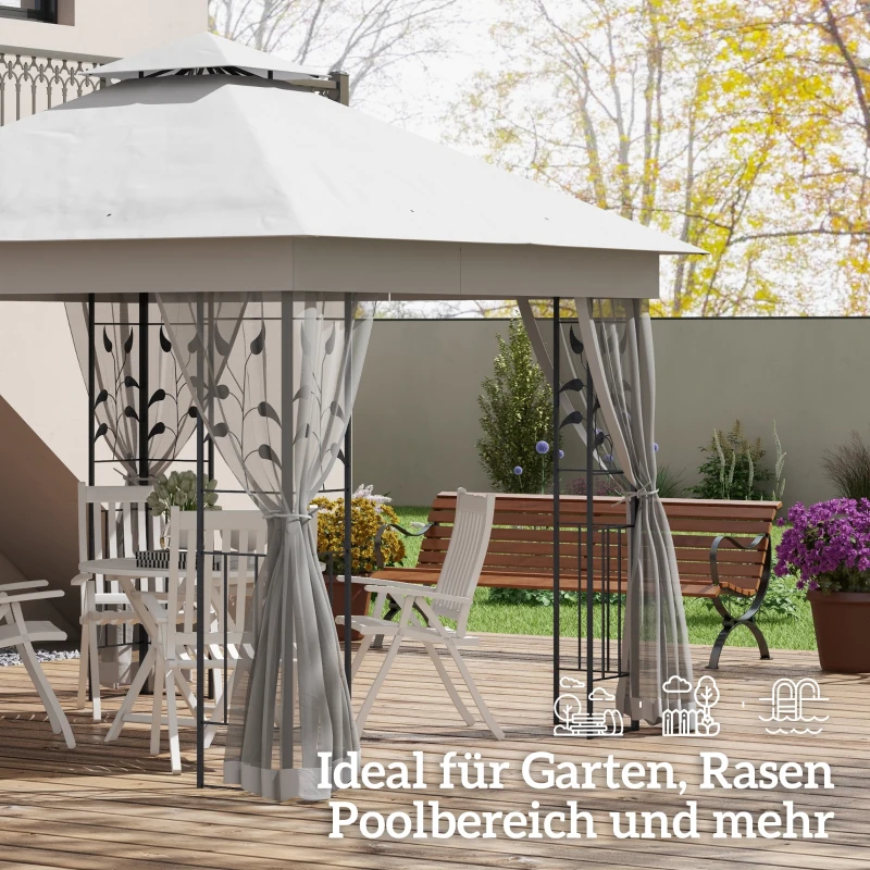 Outsunny Pavillon mit Doppeldach, 3x3 m Wasserabweisend Stabil Winterfest Gartenpavillon mit Moskitonetz Hellgrau