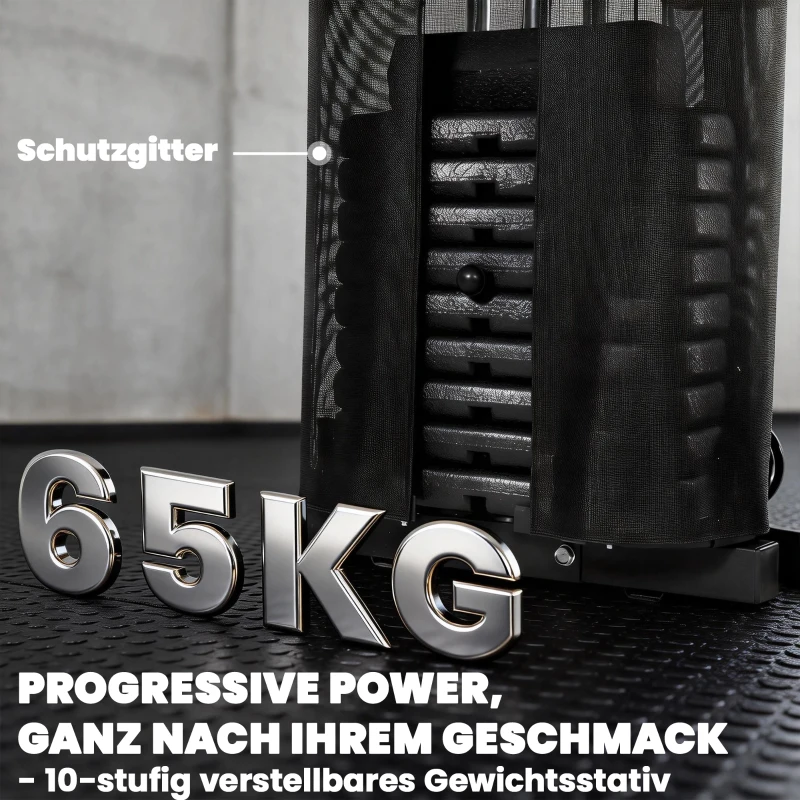 SPORTNOW Kraftstation Fitnessstation mit 65kg Gewichten, Latzug, Butterflystange, verstellbar Preacher Bank, Beintrainer
