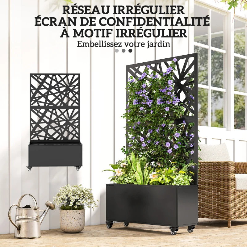 Outsunny Jardinière avec treillis, bac à fleurs, avec brise-vue et roulettes verrouillables, métal, 90 x 30 x 160 cm, noir
