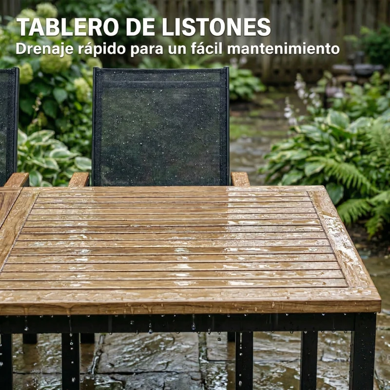 Outsunny Conjunto de Mesa y Sillas Jardín con Mesa con Tablero de Listones y 6 Sillas Transpirables para Terraza Patio Negro