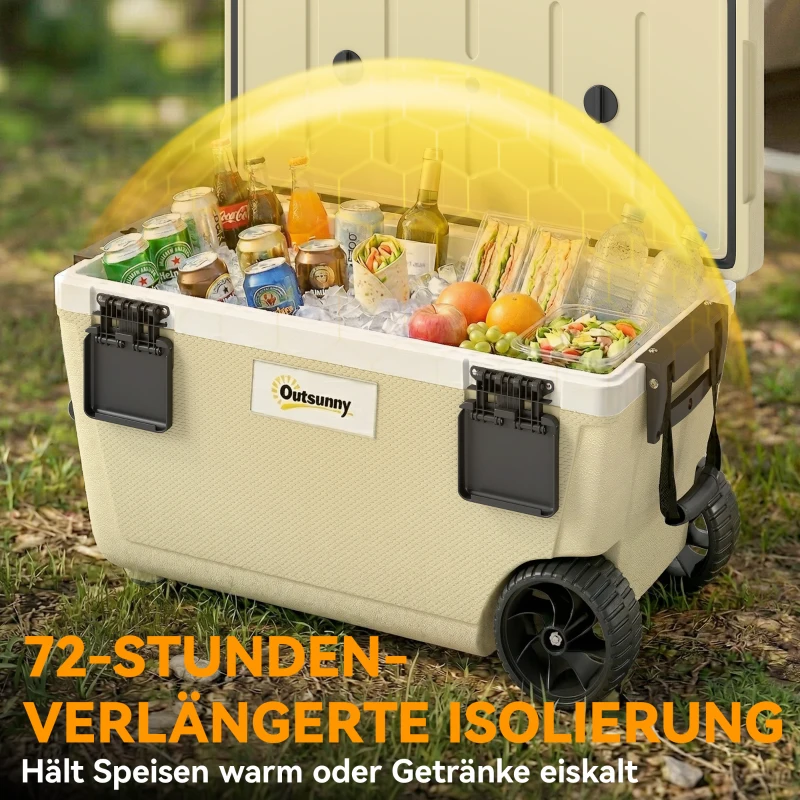 Outsunny Kühlbox 70L Große Passive Thermobox bis zu 72 Std. Kühlung, mit PU-Vollschaumisolierung Rädern Ablassventil Griff