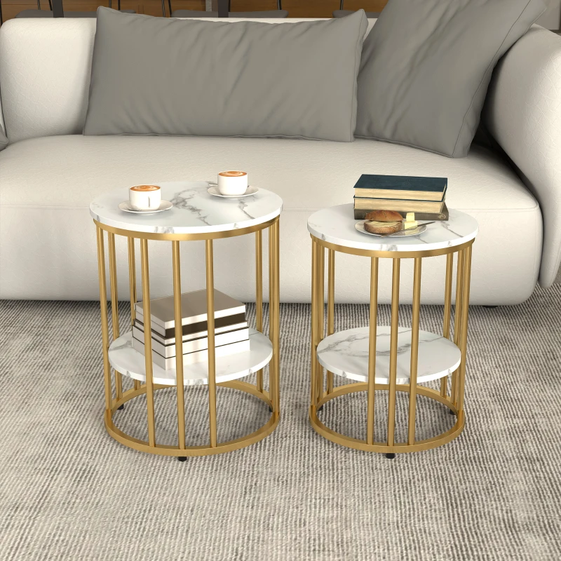 HOMCOM Lot de 2 tables basses rondes tables de salon effet marbre avec étagère de rangement ouverte et cadre en acier or