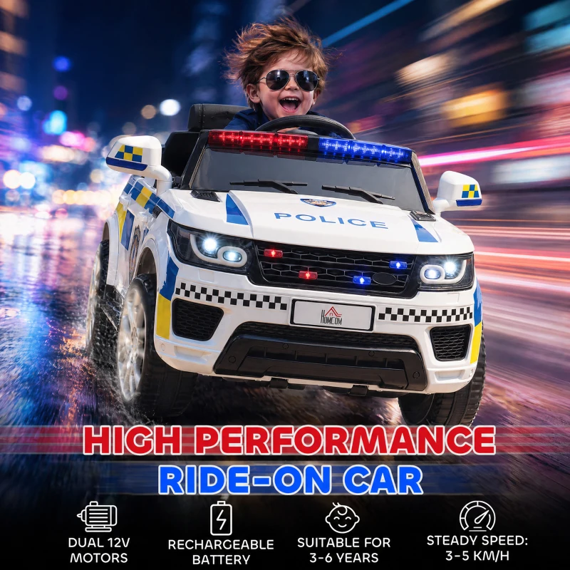 HOMCOM Ride on Police Kids Car 12V Electric Car for 3-6 Years with Remote Control Siren Flashing Lights Suspension, White