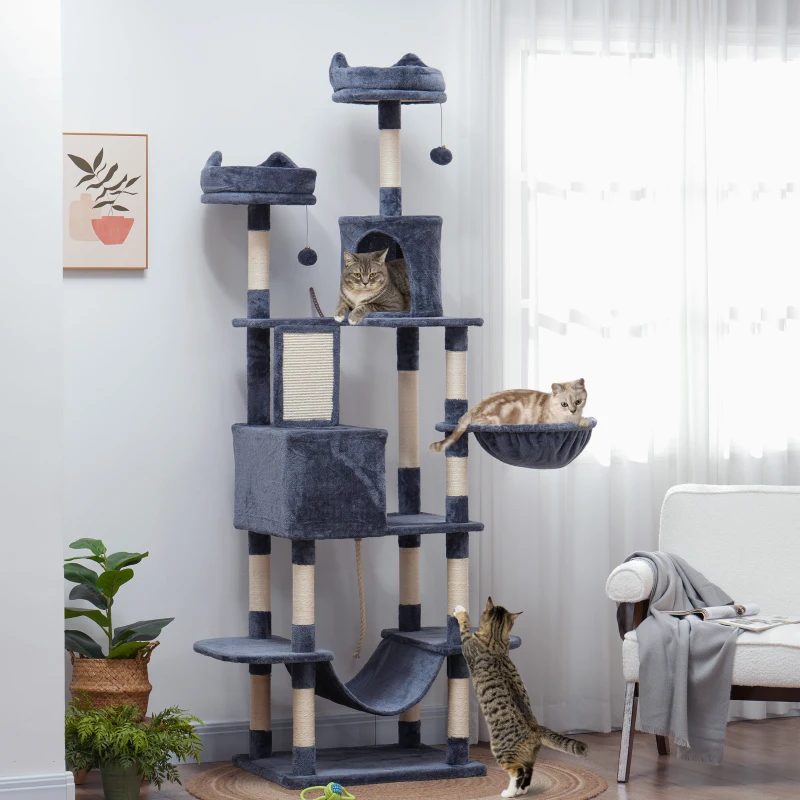 PawHut Arbre à chat 206 cm tour de jeux pour chat en peluche plusieurs niveaux idéal pour 1-3 chats 60 x 50 x 206 cm gris foncé