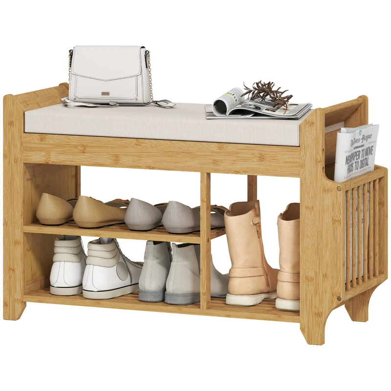 HOMCOM Panca Scarpiera con Seduta Imbottita, Contenitore Laterale, Ripiano per Stivali, Struttura in Bambù, 80x30x50 cm, Naturale