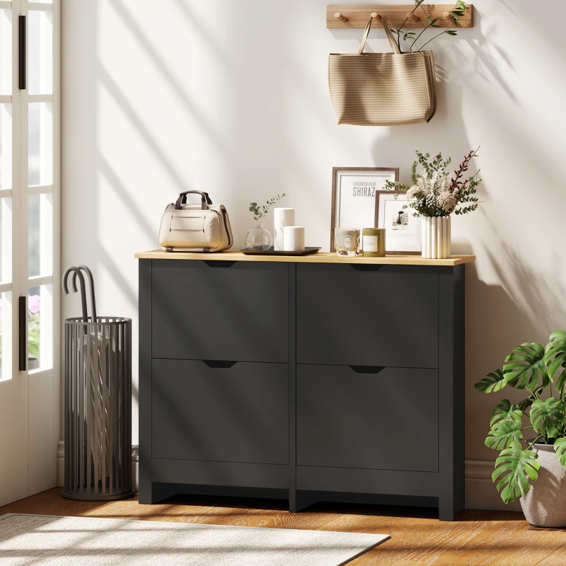 HOMCOM Meuble à chaussures 16 paires, armoire à chaussures avec 4 tiroirs rabattables étagères réglables, noir et bois naturel