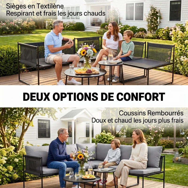 Outsunny Salon de Jardin Extérieur 5 Pièces, 2 Canapés, 2 Tables, 1 Chaise, Pochette de Rangement, 182x167x65cm, Gris Foncé