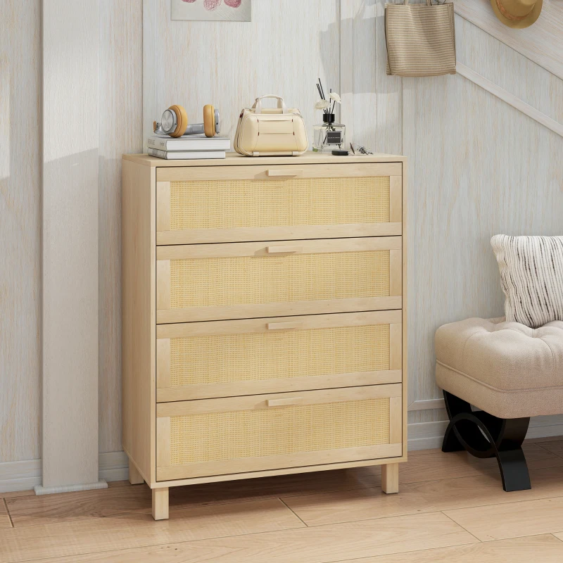 HOMCOM Commode 4 tiroirs cannage en rotin dim. 80L x 40l x 103H cm MDF Aspect Bois Clair