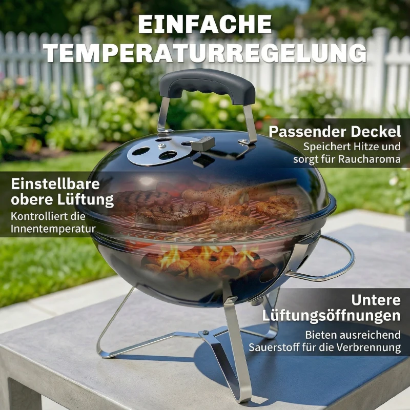 Outsunny Holzkohlegrill Tragbarer Kugelgrill mit Deckel Griff verstellbaren Lüftungsschlitzen für Barbeque 41x41x44 cm Schwarz