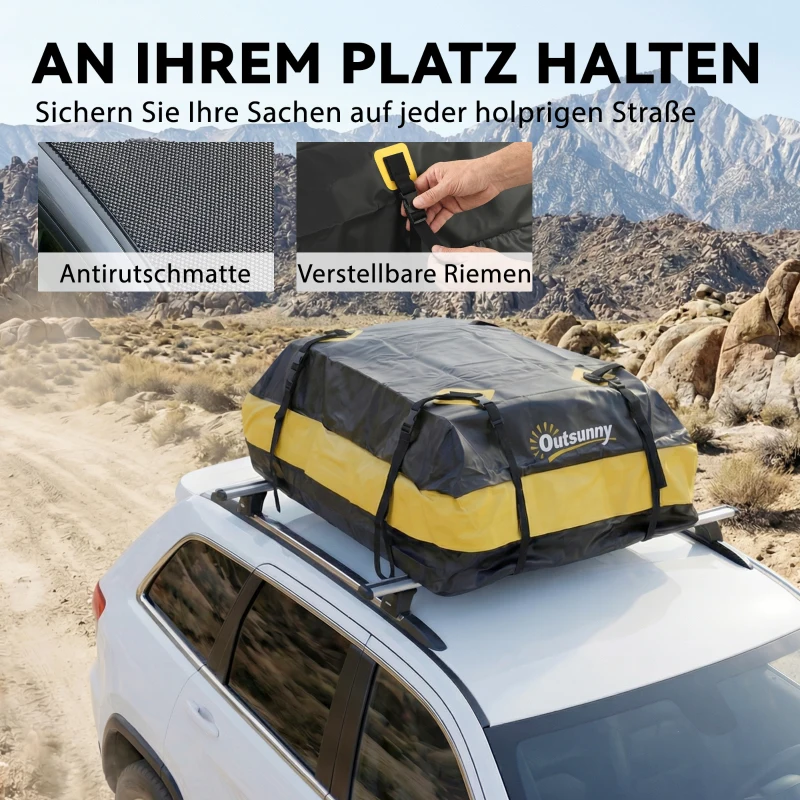 Outsunny Waterdichte dakkoffer auto 425L voor voertuigdaken met/zonder dakdrager bagagebox met 8 versterkte riemen deurhaken geel