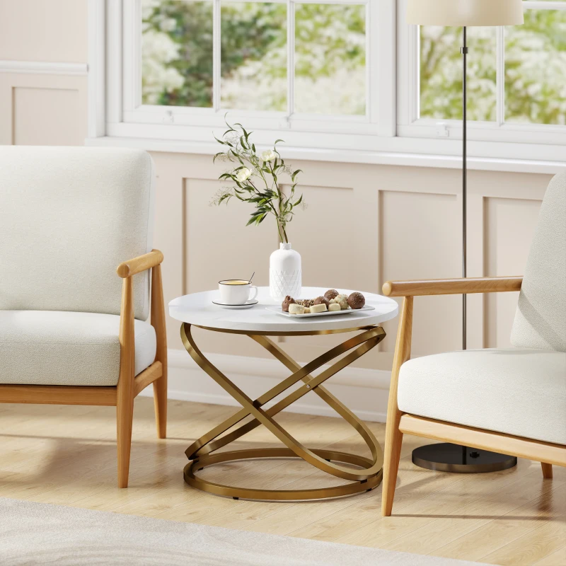 HOMCOM Table basse ronde style industriel en métal Doré et Plateau Effet Marbre - dim. Ø 60 x 46H cm