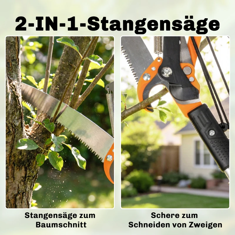 Outsunny 2-in-1 Astsäge mit integrierter Astschere Baumsäge mit Teleskopstiel 135/172/199 cm für hohe Äste Orange