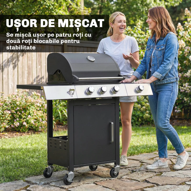 Outsunny Grătar pe Gaz, 3 Arzătoare, Arzător Lateral, Grătare din Fontă, Rafturi Laterale Incluse.