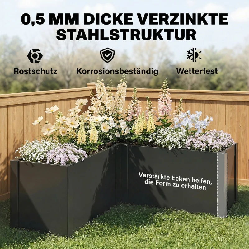 Outsunny Hochbeet L-förmig Blumenhochbeet witterungsbeständig, Pflanzbeet Frühbeet aus Verzinkter Stahl 150 x 150 x 55 cm Schwarz