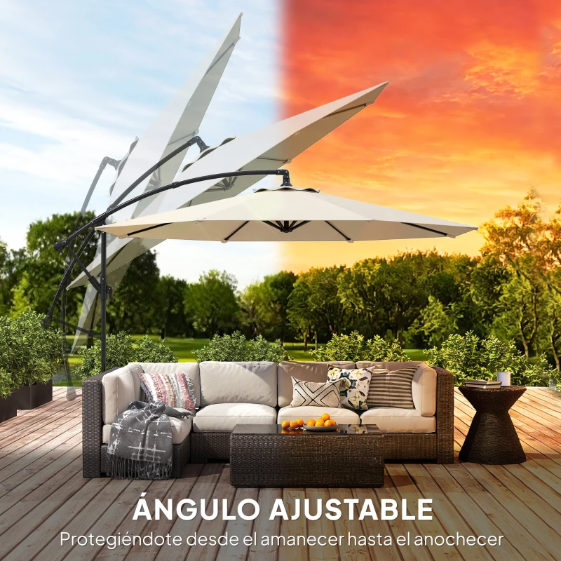 Outsunny Parasol Excéntrico Ø300 cm con Base Cruzada Toldo Ajustable y Manivela UPF30+ para Terraza Patio Blanco Crema