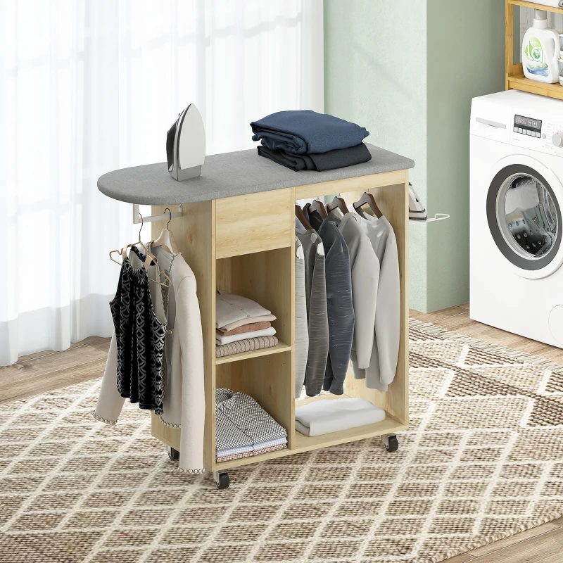 HOMCOM Armoire à repasser en bois table à repasser avec roulettes barre de suspension étagère 125 x 43,5 x 102,5 cm bois naturel