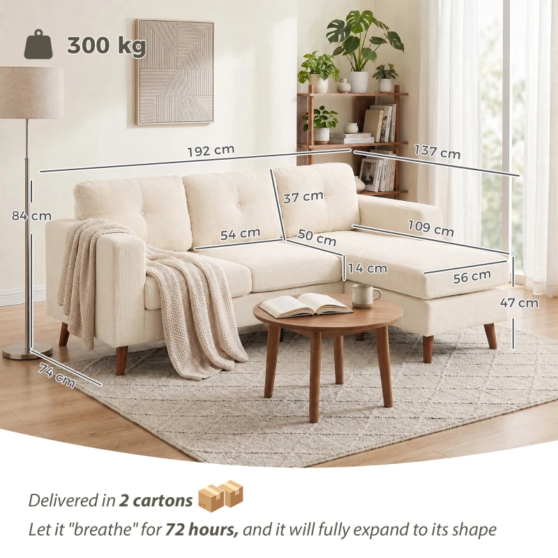 HOMCOM Divano 3 Posti Angolare a forma a L, Chaise Longue Reversibile E Effetto Velluto a Coste, 192x137x84 cm, Bianco e Crema