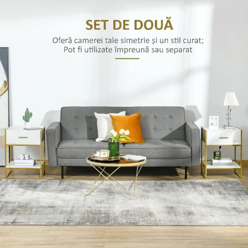 HOMCOM Set 2 noptiere moderne cu sertar și raft deschis din MDF și oțel, 45x40x60cm, alb și auriu