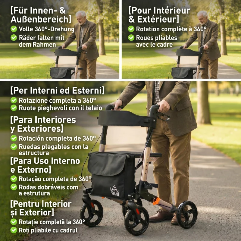 HOMCOM Déambulateur 4 Roues Pliable en Aluminium, Hauteur Réglable 6 Positions, Freins Doubles, Rangement, 64x67x92cm, Doré