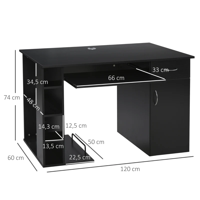 HOMCOM Secretária para Escritório com Prateleiras Abertas Gabinete Suporte para Cpu e Bandeja Removível 120x60x74 cm Preto