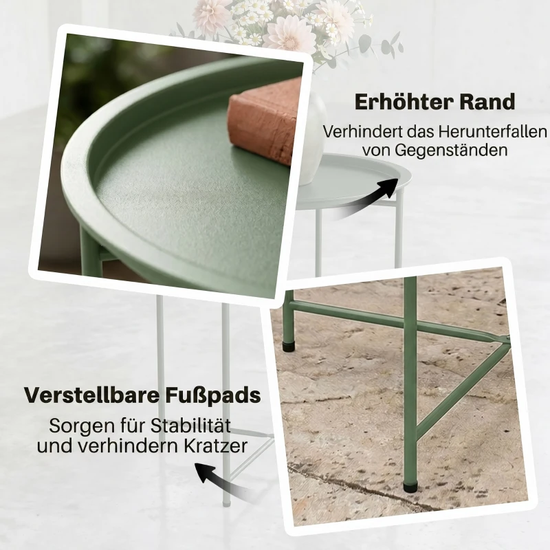 Outsunny Gartentisch, Runder Außen-Beistelltisch aus Stahl mit herausnehmbarem Tablett, faltbares Design, Terrassentisch, Grün