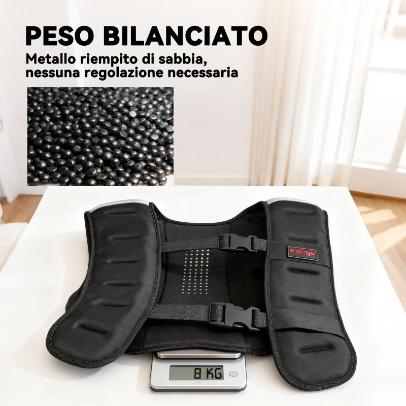 SPORTNOW Giubbotto Zavorrato 8 kg con Cinghie Regolabili e Strisce Riflettenti, in Neoprene e Sabbia, 43x33 cm, Nero