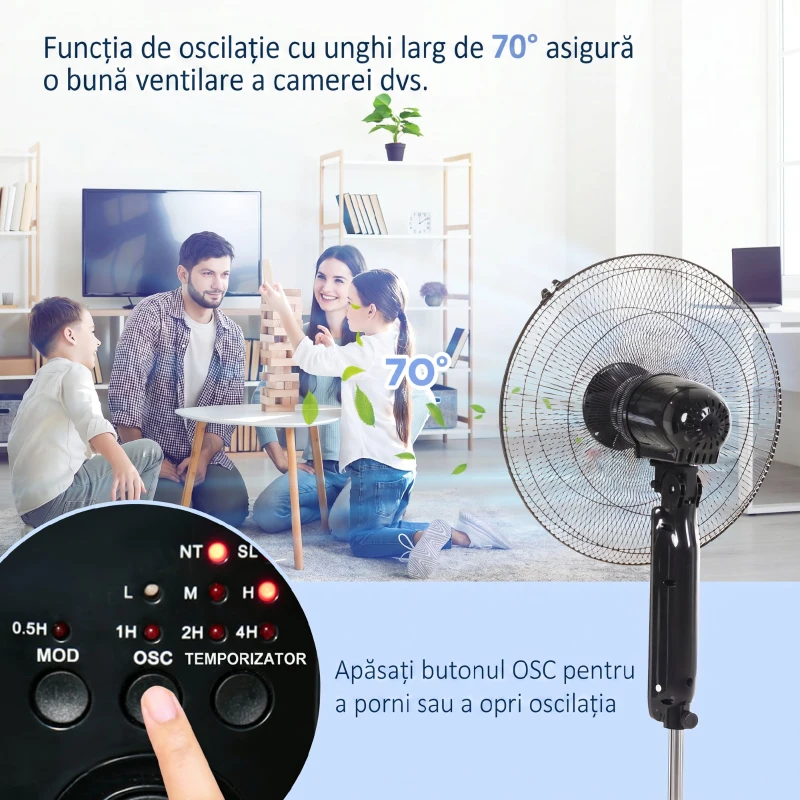 HOMCOM, Ventilator de Podea, Cu Telecomandă, Metal, Plastic,44,5 x 44,5 x 124 cm, Negru