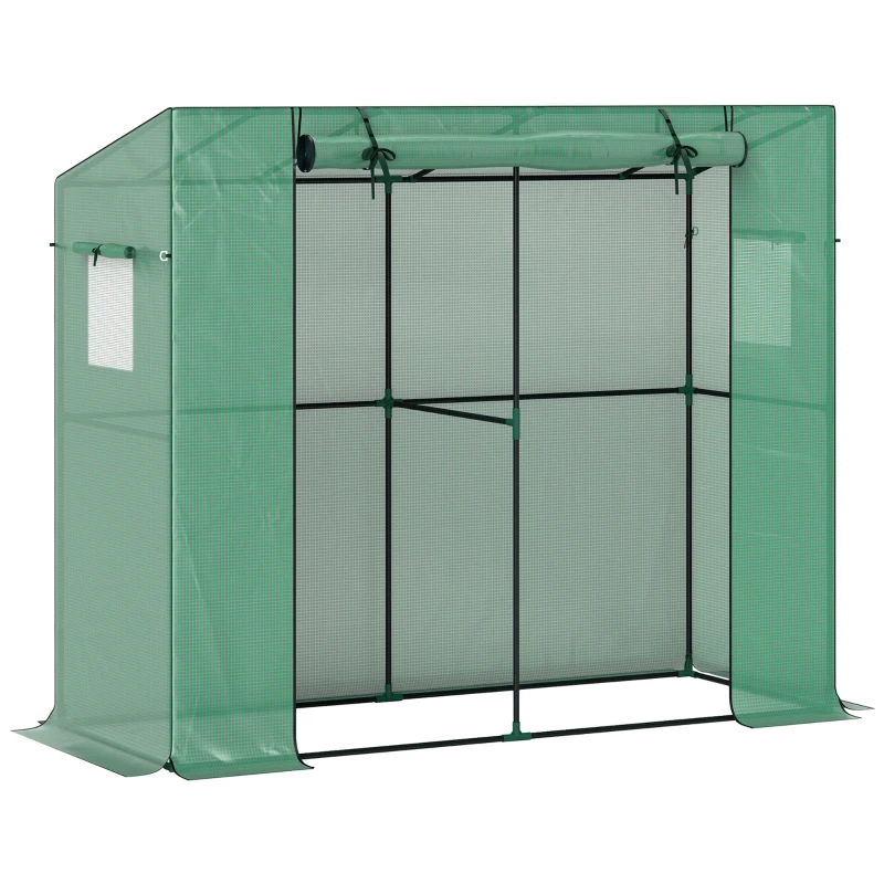 Outsunny Mini-Gewächshaus, Anlehn-Gewächshaus mit Rolltür und Netzfenstern, UV-beständig, für Blumen, Setzlinge, Pflanzen, Grün