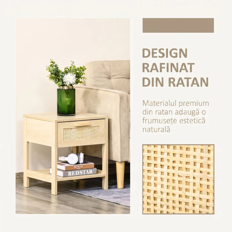 HOMCOM Noptieră Modernă cu Sertar și Raft Inferior pentru Depozitare, din MDF, 40x40x48 cm, culoare Lemn