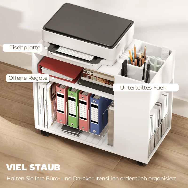 HOMCOM Druckerständer Druckertisch mit Unterteiltem Fach, Ablageflächen für Büro 70 x 34 x 60 cm Weiß