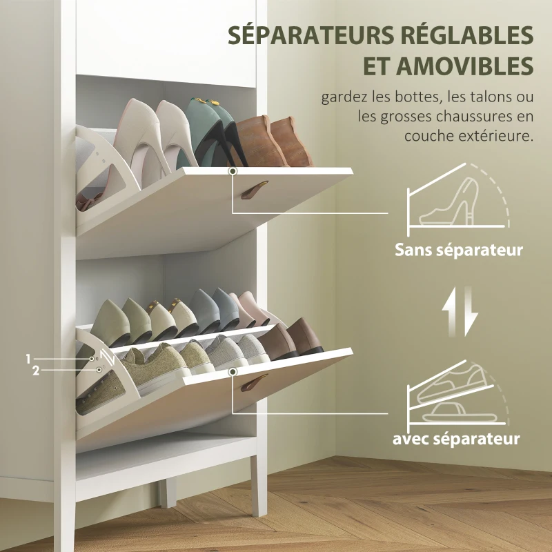 HOMCOM Meuble à chaussures 21 paires, armoire à chaussures avec 3 tiroirs rabattables, étagères amovibles et réglables, blanc