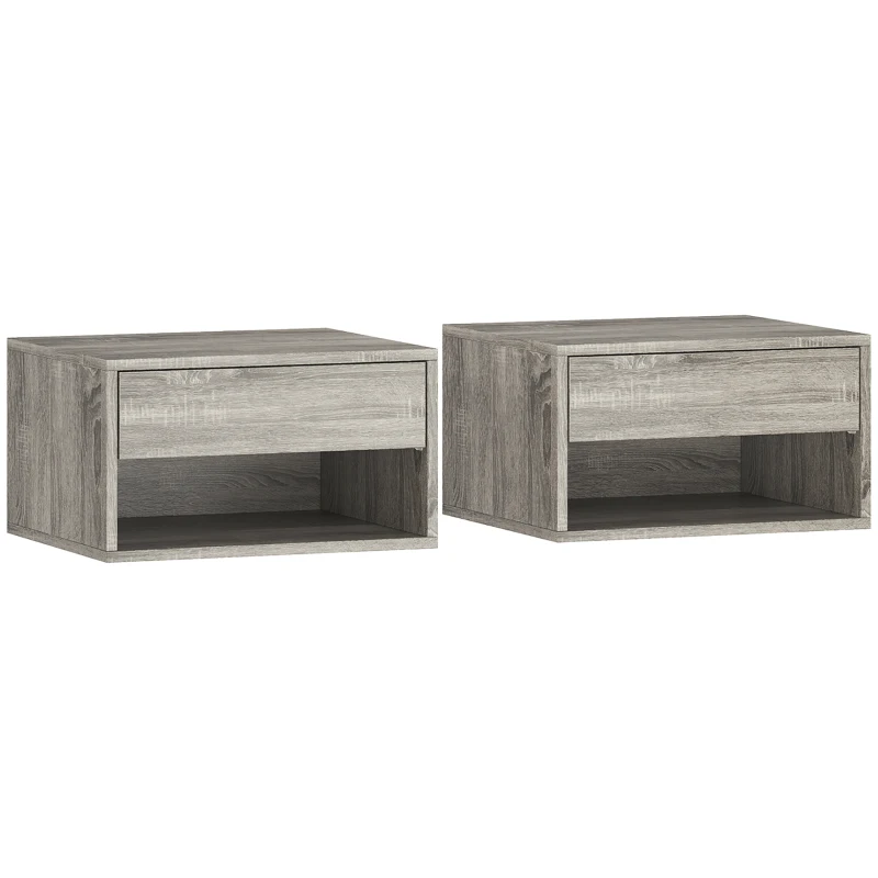 HOMCOM Lot de 2 tables de chevet murales, tables de nuit, tiroir, compartiment ouvert, plateau, 37 x 32 x 21 cm, gris