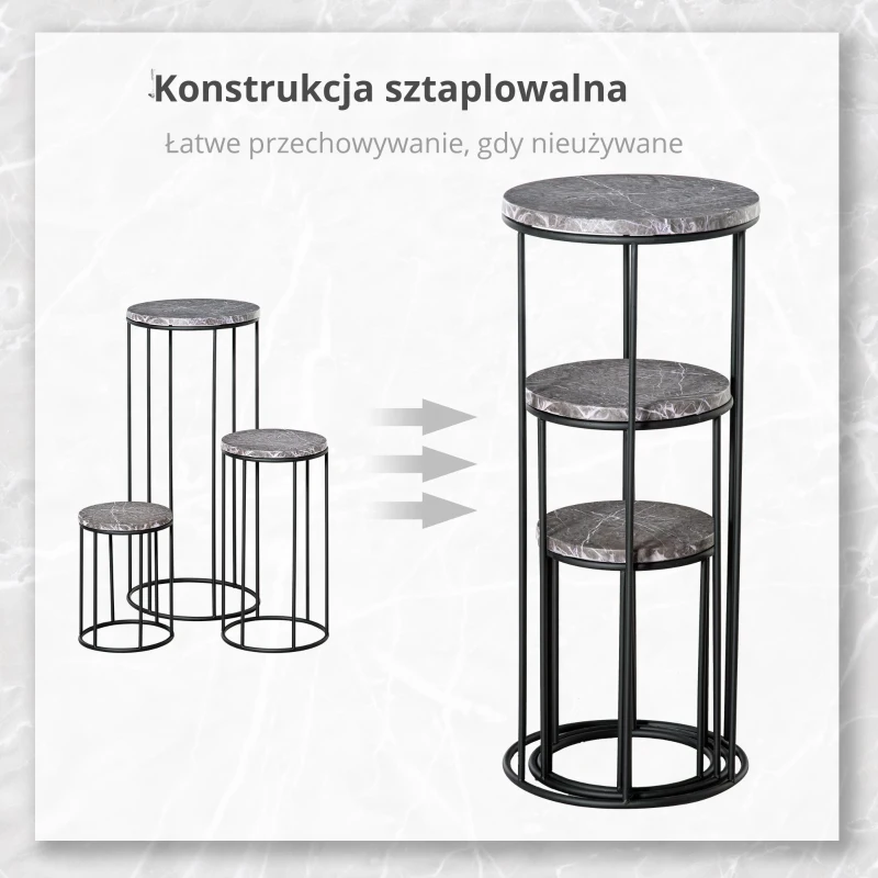 Outsunny Zestaw 3 metalowych stojaków na kwiaty, marmurowy wzór, możliwość układania w stos