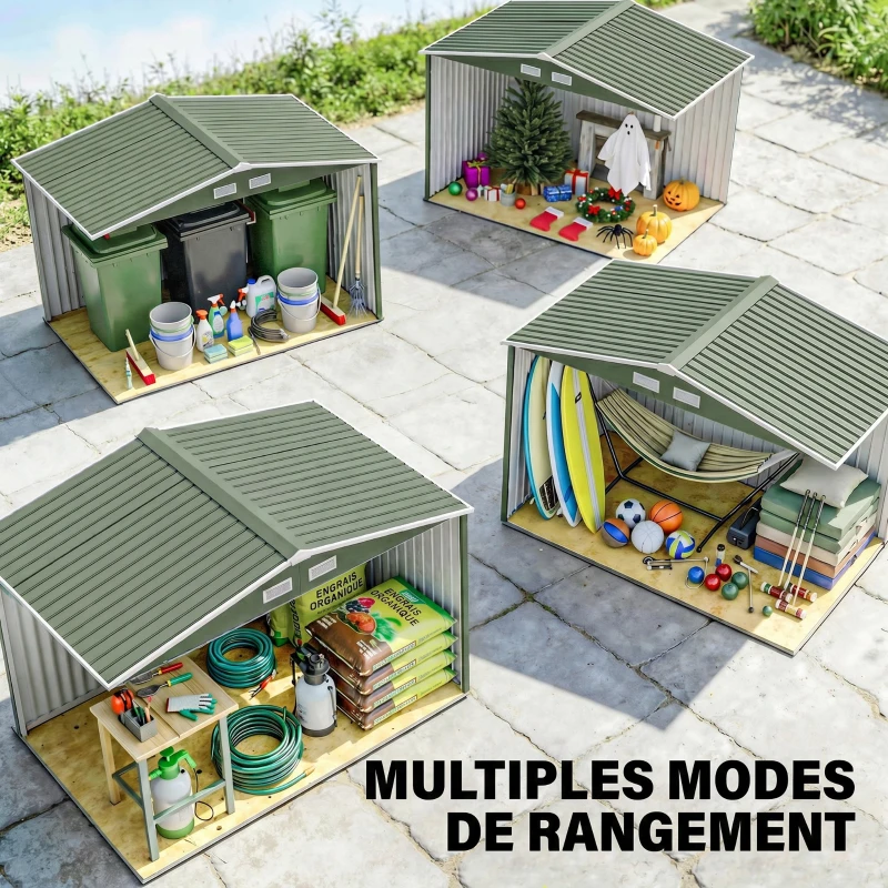 Outsunny Abri de jardin 5,4 m² 2,77 x 1,95 x 1,92 m kit de fondation porte coulissante ventilations acier galvanisé, vert clair