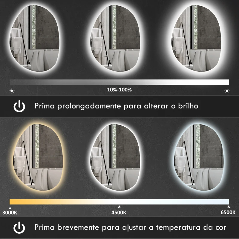 HOMCOM Espelho de Casa de Banho LED 3 Cores de Luz Brilho Regulável Função Anti Embaciamento Função Memória IP44 80x60 cm Prata