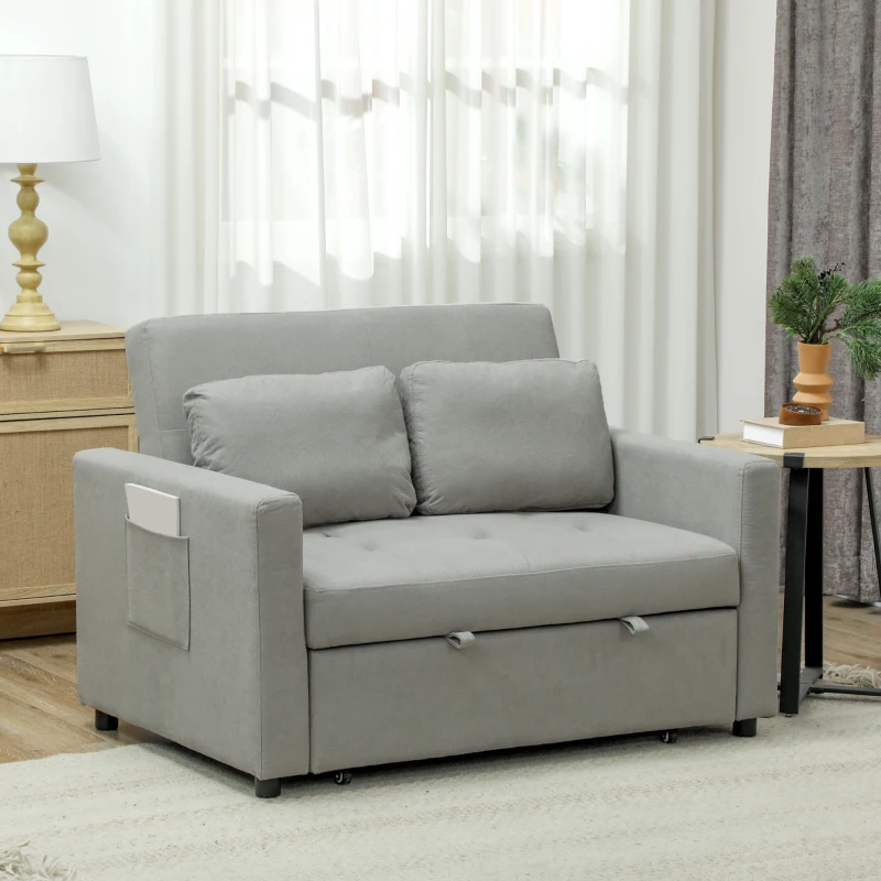 HOMCOM Loveseat Sofa Bed, Convertible Bed Settee with 2 Pillows, Side Pockets, Light Grey