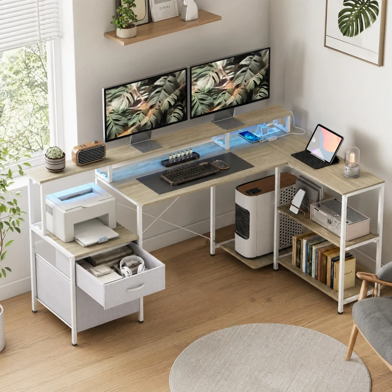 HOMCOM Eckschreibtisch mit Steckdosen und RGB-LED-Licht, Computerschreibtisch, 172 x 100 cm, Monitorhalter, 2 Schubladen, Weiß