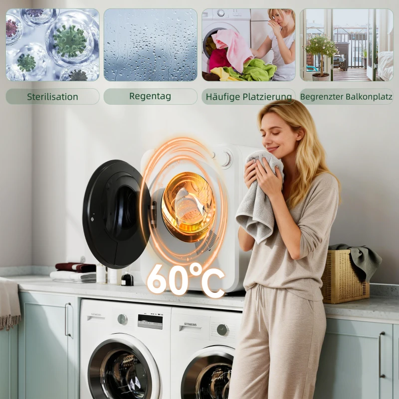 HOMCOM Mini Wäschetrockner 4 kg mit 5 Programme bis zu 60℃ 800W/400W Ablufttrockner mit Edelstahltrommel Weiß