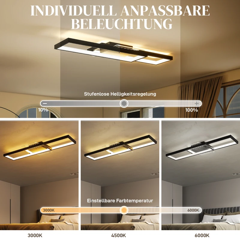 HOMCOM Deckenleuchte LED 43W 4600LM 3000-6000K dimmbare Deckenlampe Flach mit Fernbedienung Wandschalter 70 x 30 x 7 cm Schwarz