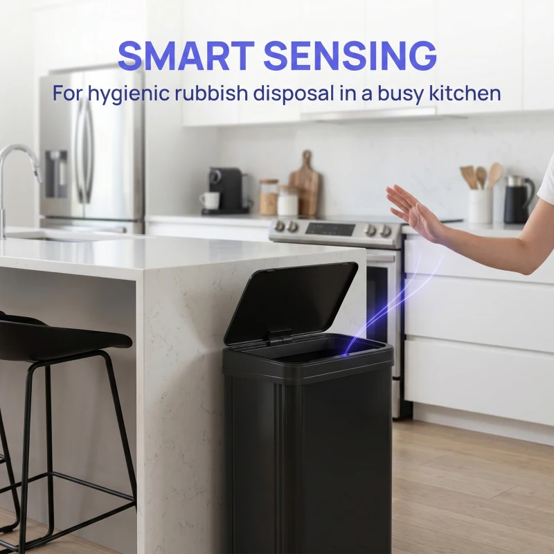 HOMCOM 50L Sensor Bin with Soft-Close Lid, Stainless Steel Automatic Touchless Motion Sensor Kitchen Bin, Black