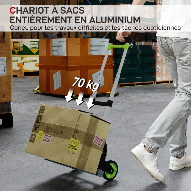 HOMCOM Diable Pliable en Aluminium avec 100 cm Poignée Télescopique, pour Entrepôt, Aéroport, 38,5x41x100cm, Vert