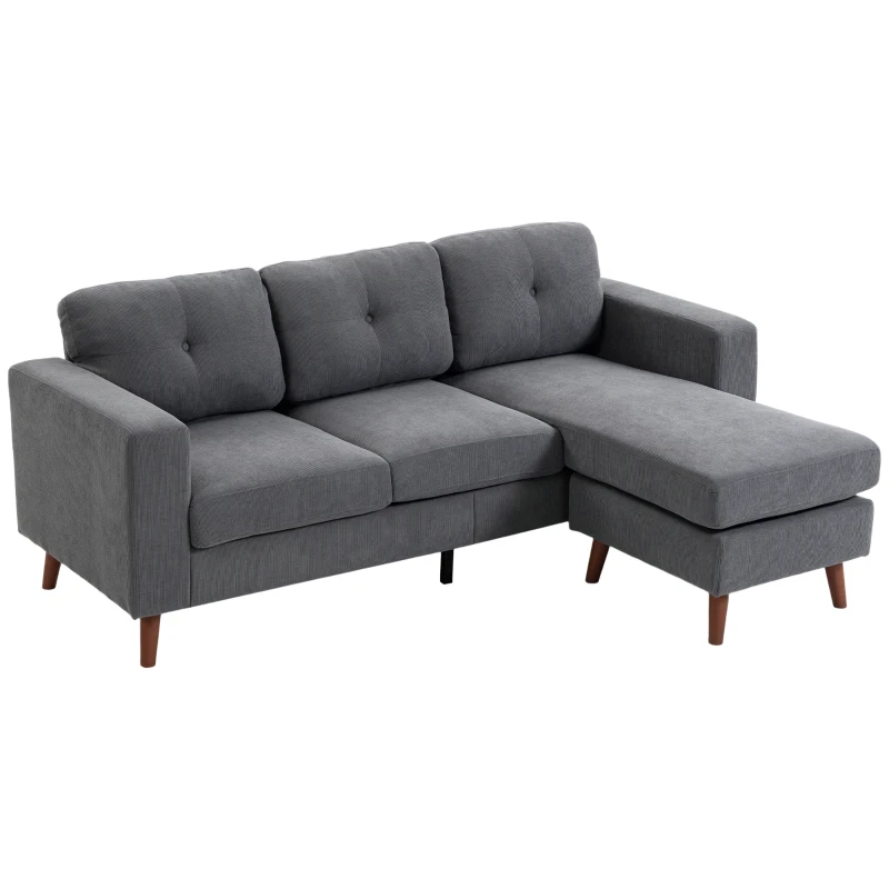 HOMCOM Colțar 192 cm în formă de L Canapea 3 locuri cu șezlong reversibil, aspect corduroy, pentru spații mici, Gri închis